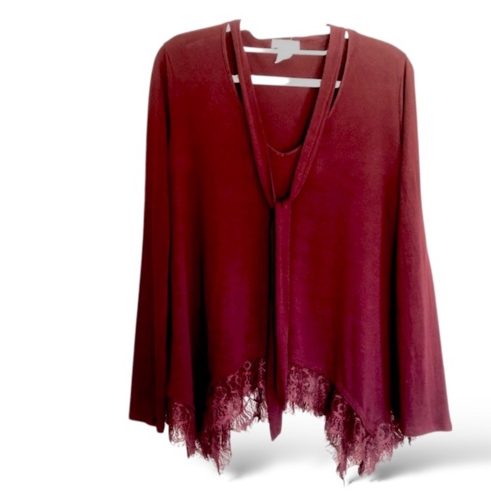 Clover + Scout Maroon Long Sleeve Blouse With Lace Hem Size S